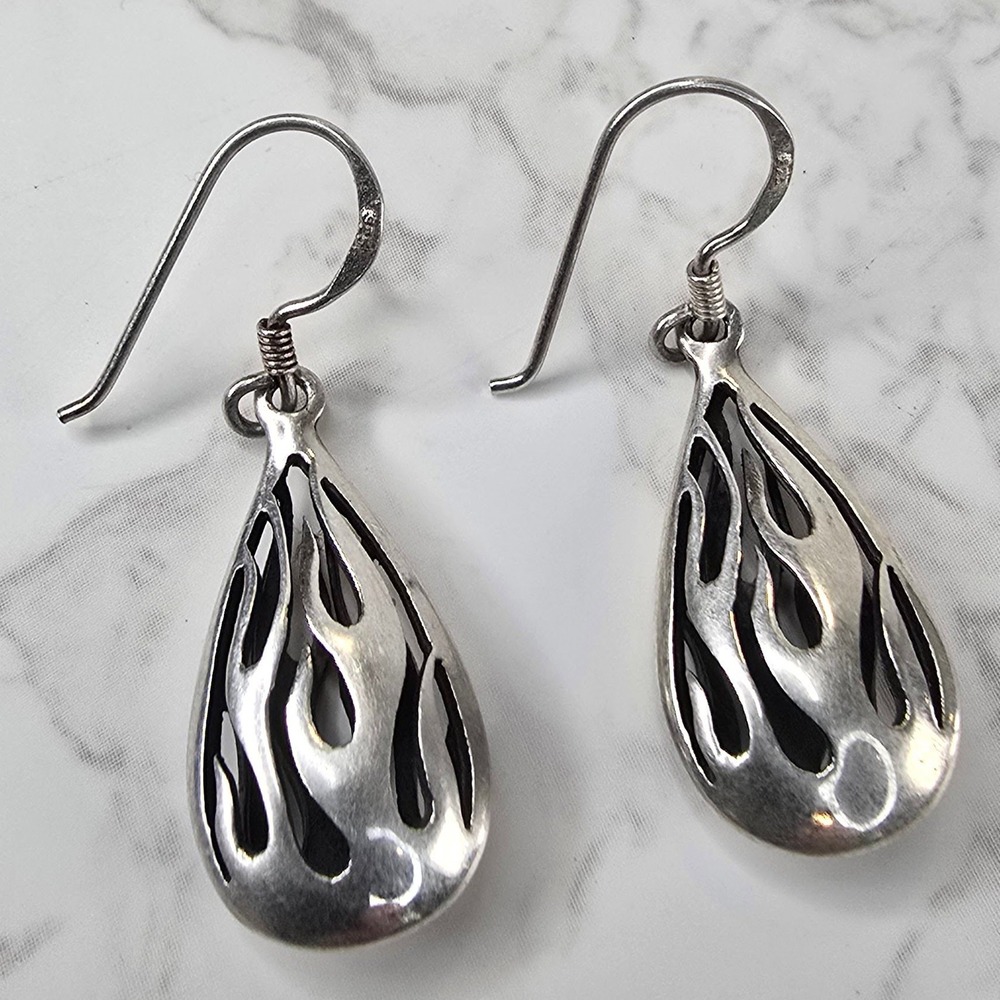 Sterling Silver 925 Flame Teardrop Openwork Dangle Earrings French Wire 5.8g
